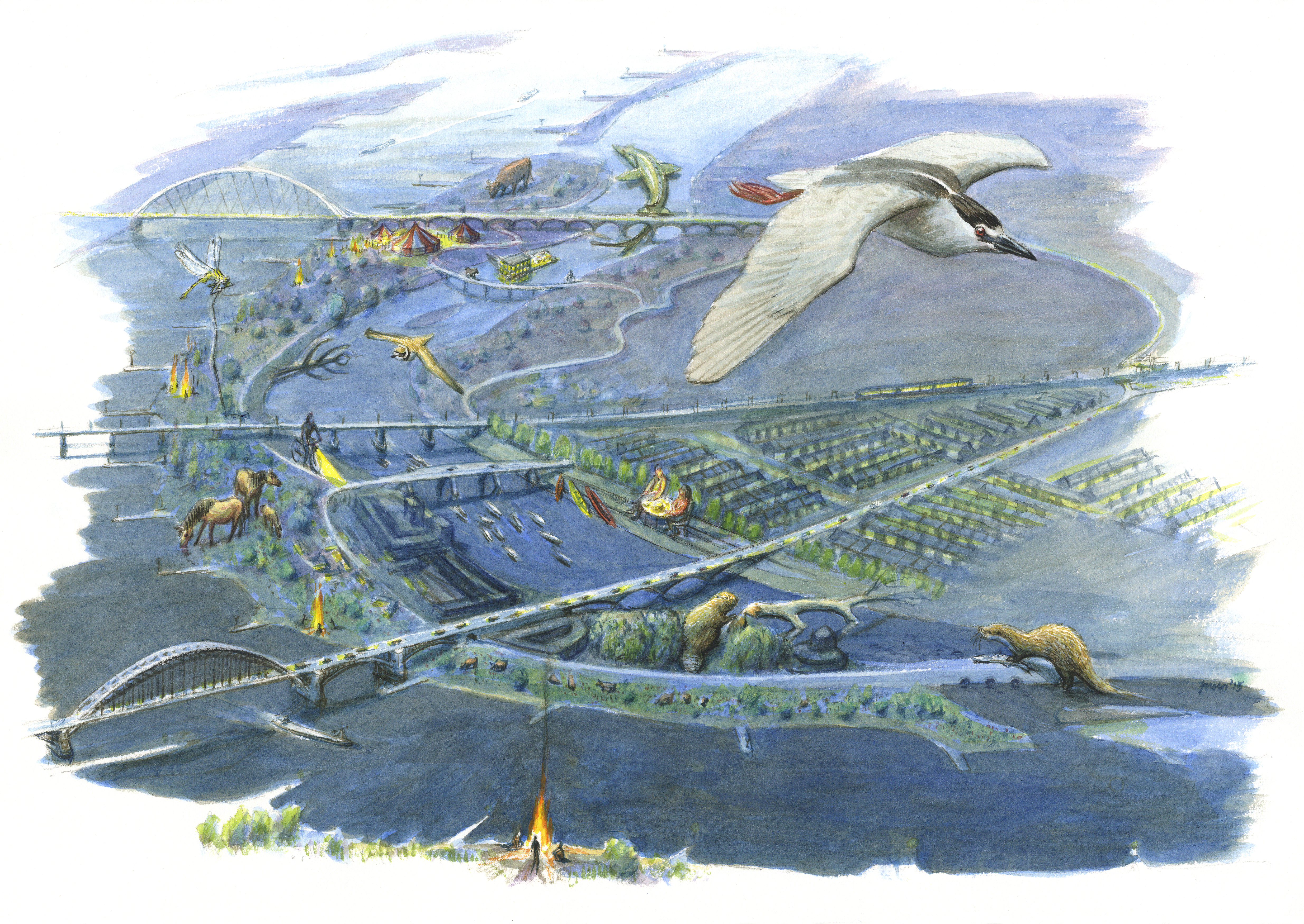 Stadseiland en nevengeul bij Veur Lent. Ruimte voor de Waal Tekening: Jeroen Helmer/ARK 