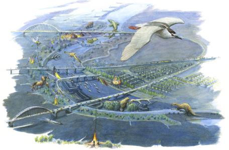 Stadseiland en nevengeul bij Veur Lent. Ruimte voor de Waal Tekening: Jeroen Helmer/ARK 